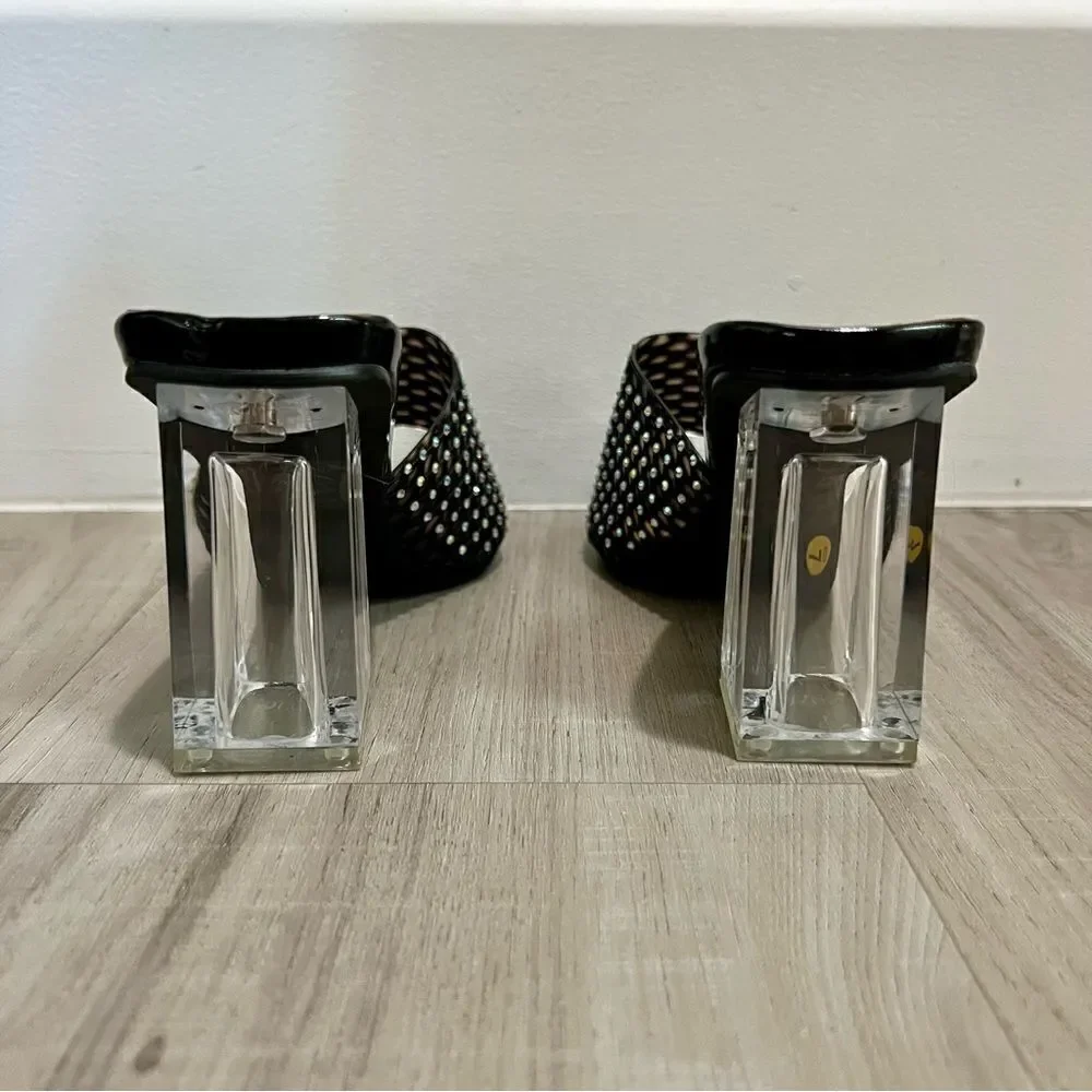 So me rhinestone black netted mule heels with clear chunky block heel sz 7 NWT